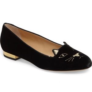 Charlotte Olympia Kitty Velvet Flats 37.5 EUC